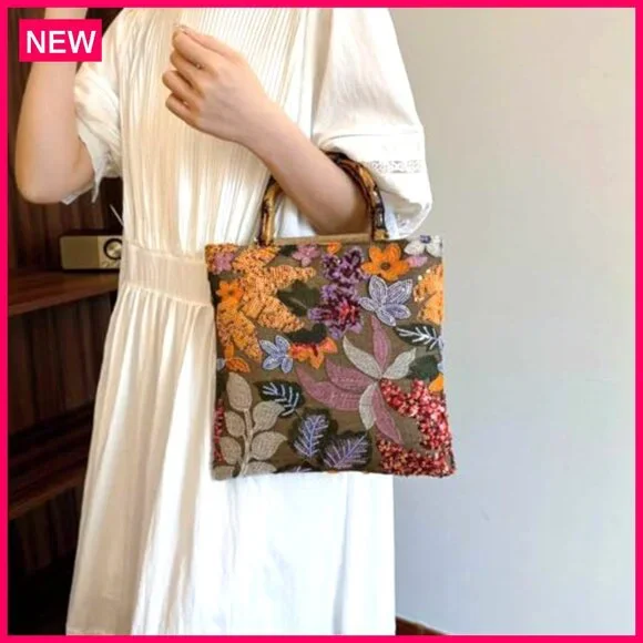 Bamboo Handle Embroidered Clutch Bag, Large Capacity, Retro Style Evening Bag - Picture 5 of 8